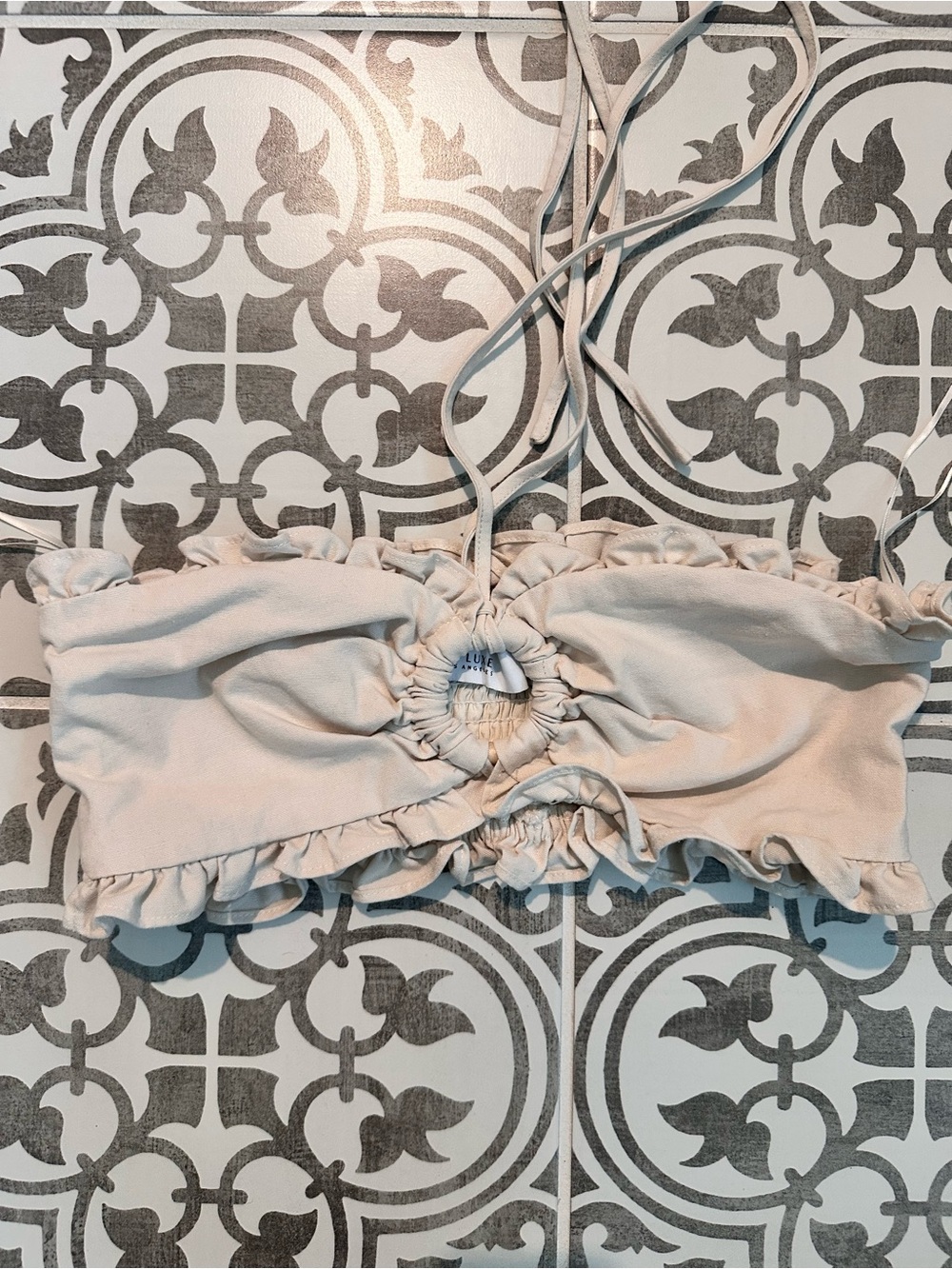 Ruched Ruffle Bandeau Top in Light Beige